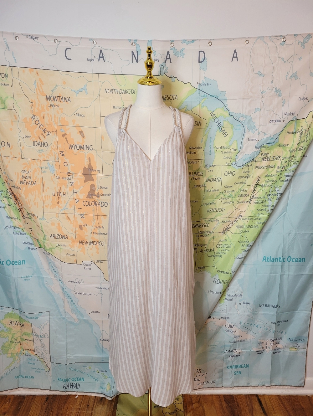 Rachel Ashwell Beige & White Striped Sleeveless Maxi Dress Siza L